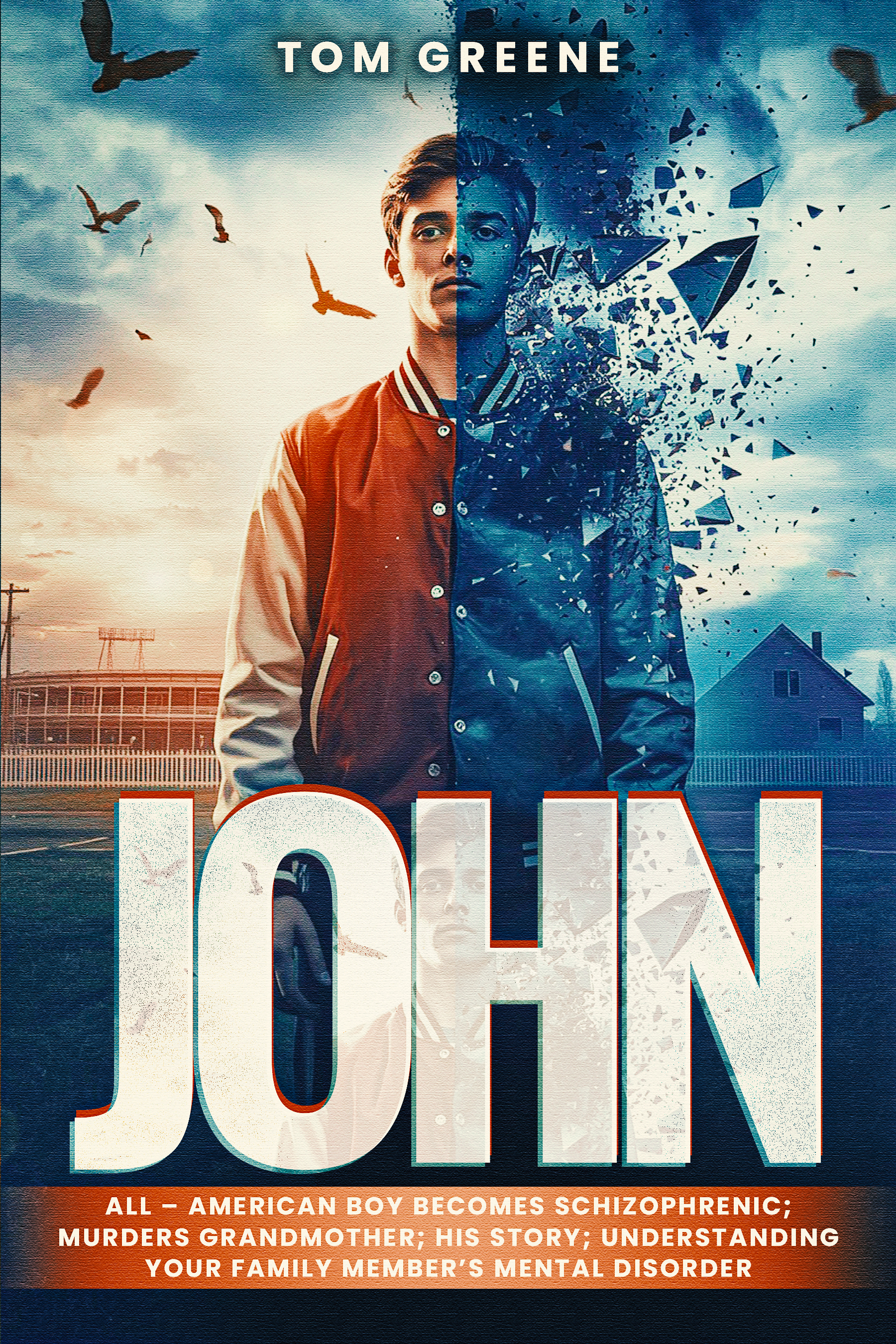 Front cover of JOHN by Tom Greene, showing a young man split between light and dissolving fragments
